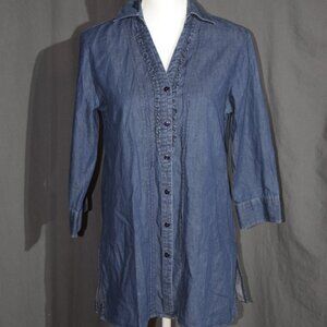 Foxcroft Blue Denim Ruffle-Front 3/4 Sleeve Tunic Blouse - Women's Size 6